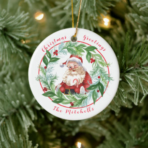 Aquarell-Weihnachts-Kranz Vintage-Santa-FAMILIENFO Keramik Ornament