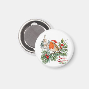 Aquarell-Weihnachts-Rotkehlchen mit Stechpalme und Magnet