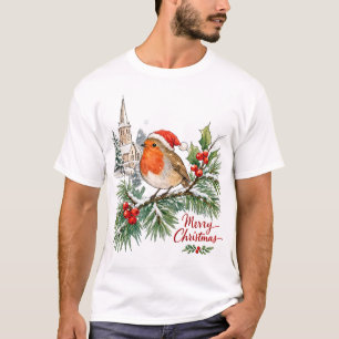 Aquarell-Weihnachts-Rotkehlchen mit Stechpalme und T-Shirt