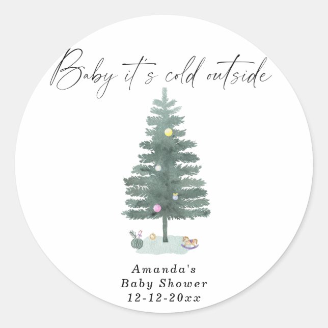 Aquarell-Weihnachtsbaum-Baby-Party Runder Aufkleber (Vorderseite)