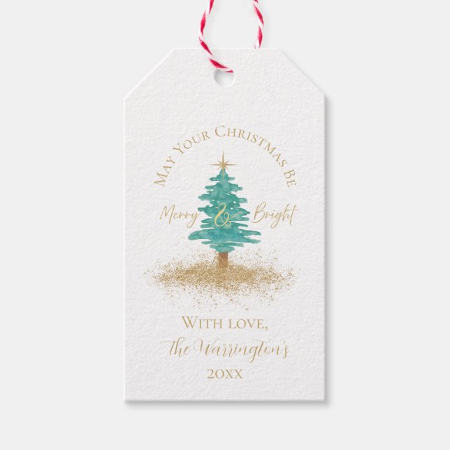 Aquarell-Weihnachtsbaum, "Fröhlich & Hell" Geschenkanhänger (Vorderseite)