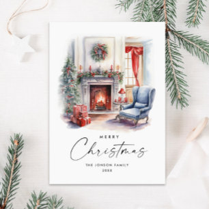 Aquarell-Weihnachtsbaum im gemütlichen Zuhause Feiertagskarte