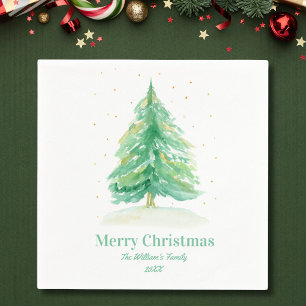 Aquarell-Weihnachtsbaum mit goldenem Schnee Serviette