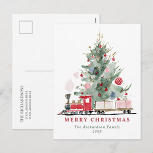 Aquarell-Weihnachtsbaum-Spielzeugzug Feiertagspostkarte