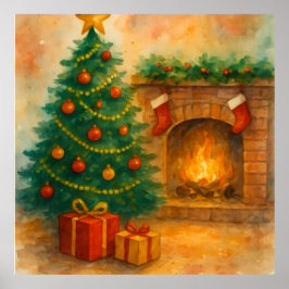 Aquarell-Weihnachtsbaum und gemütlicher Kamin Urla Poster