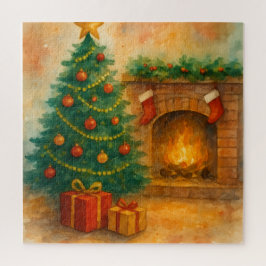 Aquarell-Weihnachtsbaum und gemütlicher Kamin Urla Puzzle