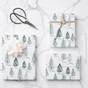 Aquarell-Weihnachtsbäume. Winterwald. Geschenkpapier Set
