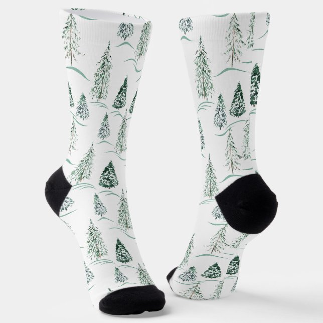 Aquarell-Weihnachtsbäume. Winterwald.  Socken (Gewinkelt)