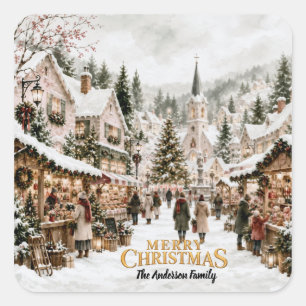 Aquarell-Weihnachtsdorf-Papier Quadratischer Aufkleber