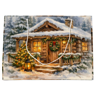 Aquarell-Weihnachtshütte im Wald Große Geschenktüte