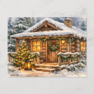 Aquarell-Weihnachtskabine im Wald Feiertagspostkarte