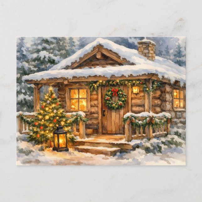 Aquarell-Weihnachtskabine im Wald  Feiertagspostkarte (Vorderseite)
