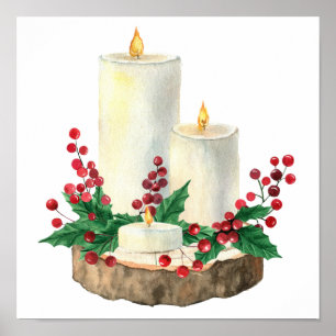 Aquarell-Weihnachtskerzen Beeren Blätter Poster