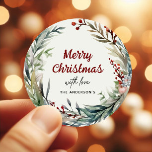 Aquarell-Weihnachtskranz mit Liebe von Runder Aufkleber
