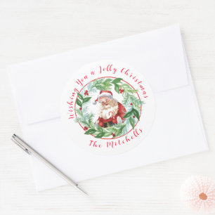 Aquarell-Weihnachtskranz Vintage-Santa NAME Runder Aufkleber