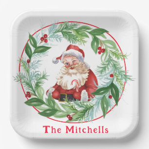 Aquarell-Weihnachtskranz Vintage-Santa Pappteller