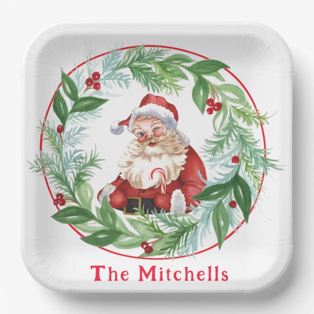 Aquarell-Weihnachtskranz Vintage-Santa Pappteller (Vorderseite)