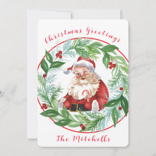 Aquarell-Weihnachtskranz Vintage-Santa PHOTO Feiertagskarte