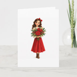 Aquarell-Weihnachtsmädchen mit Weihnachtsstern-Kar Karte