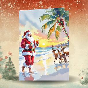 Aquarell-Weihnachtsmann & Rentiere am Strand Weihn Feiertagskarte