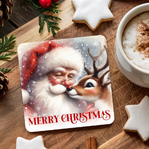 Aquarell-Weihnachtsmann-Rudolph-Weihnachts-Coaster Rechteckiger Pappuntersetzer