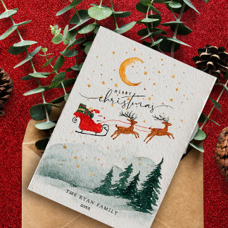 Aquarell Weihnachtsmann Schlitten Rentier Weihnach Feiertagskarte