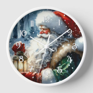Aquarell Weihnachtsmann Weihnachten Schnee Wald Uhr