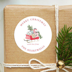 Aquarell-Weihnachtsschlitten Rot Grün Pink Feierta Runder Aufkleber