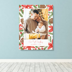Aquarell-Weihnachtsstern & Kiefern Erstes Weihnach Leinwanddruck