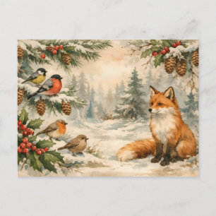 Aquarell-Weihnachtswald-Vögel und Fuchs Postkarte