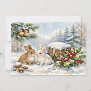 Aquarell-Weihnachtswald-Vögel und -Hasen Feiertagskarte