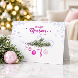 Aquarell-Weihnachtszweig mit rosa Ornamenten Karte