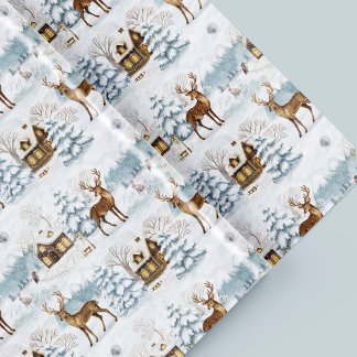 Aquarell-Weihschen Hirsch Schnee Dorf Winter Geschenkpapier