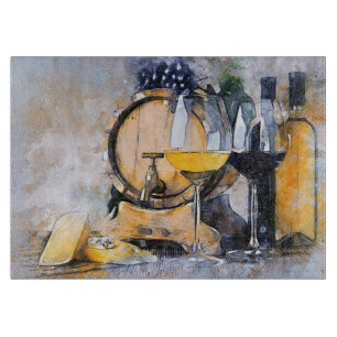Aquarell Wein & Käse Stillleben Schneidebrett