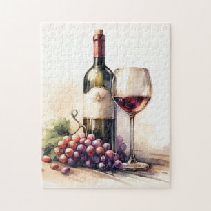 Aquarell-Weinflasche und Trauben Puzzle