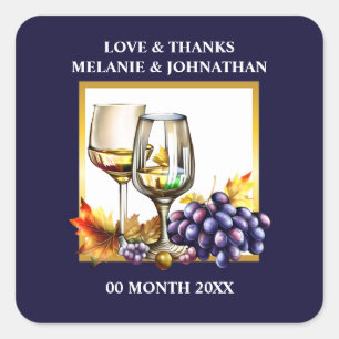 Aquarell Weingläser Trauben Blaue Pflaume Gold Bau Quadratischer Aufkleber