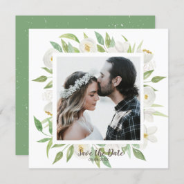 Aquarell Weiß und Grüne Blüten Save the Date Einladung