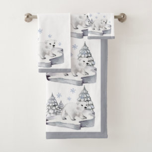 Aquarell Weiße Eisbär Tannen Weihnachten Badhandtuch Set