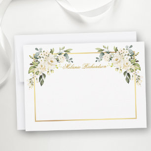Aquarell Weiße Florale Gold Rahmen Personalisiert Mitteilungskarte