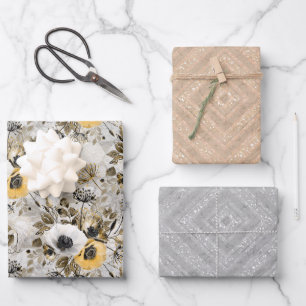 Aquarell weiße, gelbe Blumen Geschenkpapier Set