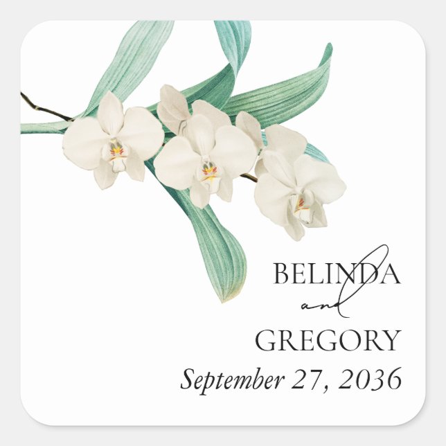 Aquarell Weiße Orchideen Florale Hochzeit Quadratischer Aufkleber (Vorderseite)