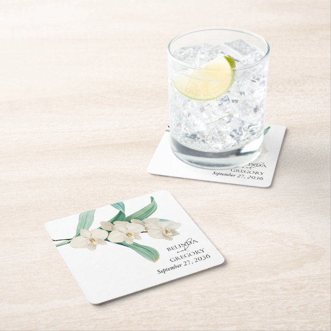Aquarell Weiße Orchideen Florale Hochzeitsgunst Rechteckiger Pappuntersetzer (Vor Ort)