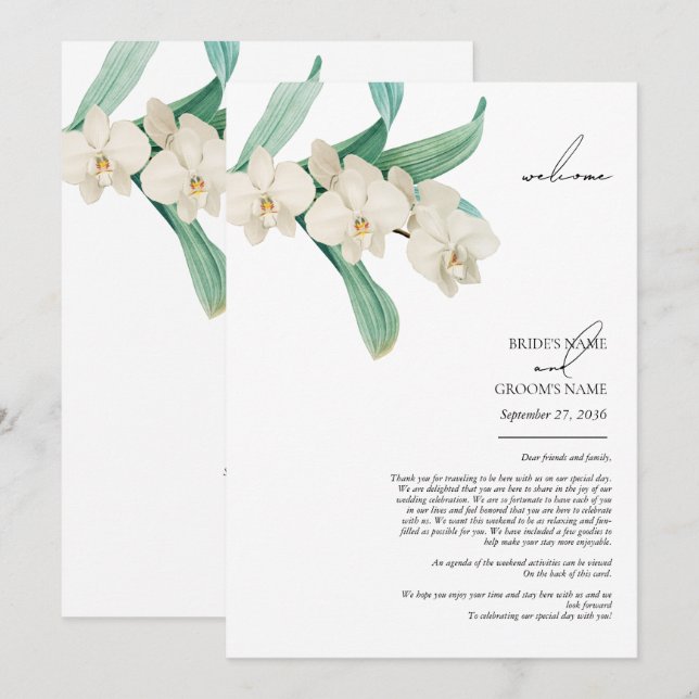 Aquarell Weiße Orchideen Florale Hochzeitsplanung Programm (Vorne/Hinten)