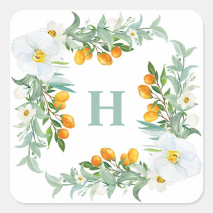 Aquarell Weiße Orchideen und Kumquats Monogramm Quadratischer Aufkleber