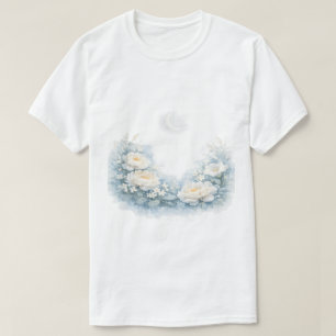 Aquarell Weiße Pfingstrosen Halbmond Himmelszene T-Shirt