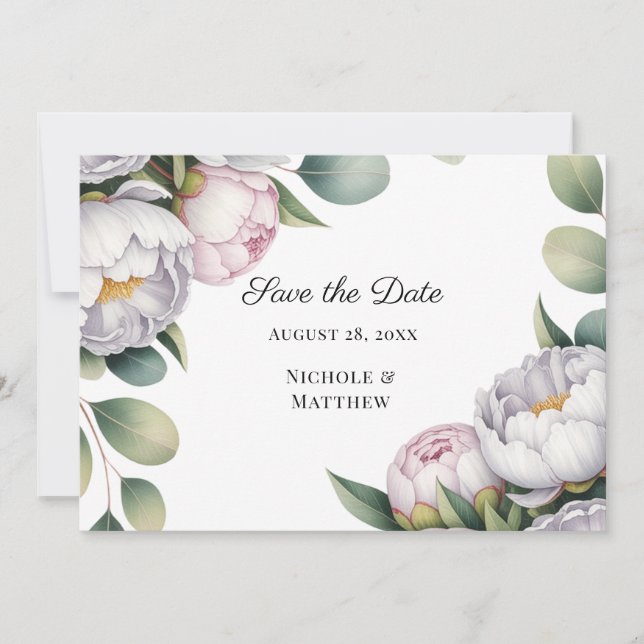 Aquarell Weiße Pfingstrosen Hochzeit Save The Date (Vorderseite)