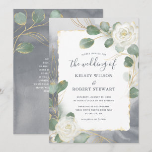 Aquarell Weiße Rosen Grau Grün Gold Hochzeit Einladung