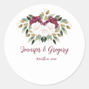Aquarell Weiße Rosen Hochzeit Cranberry Blumen Runder Aufkleber