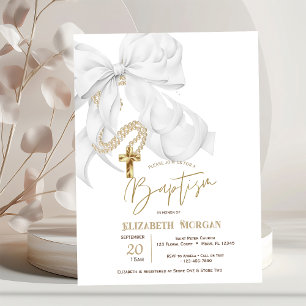 Aquarell Weiße Schleife Perlen Kreuz Punkte Taufe Einladung