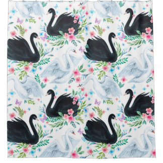 Aquarell weiße und schwarze Schwan See nahtloses M Duschvorhang